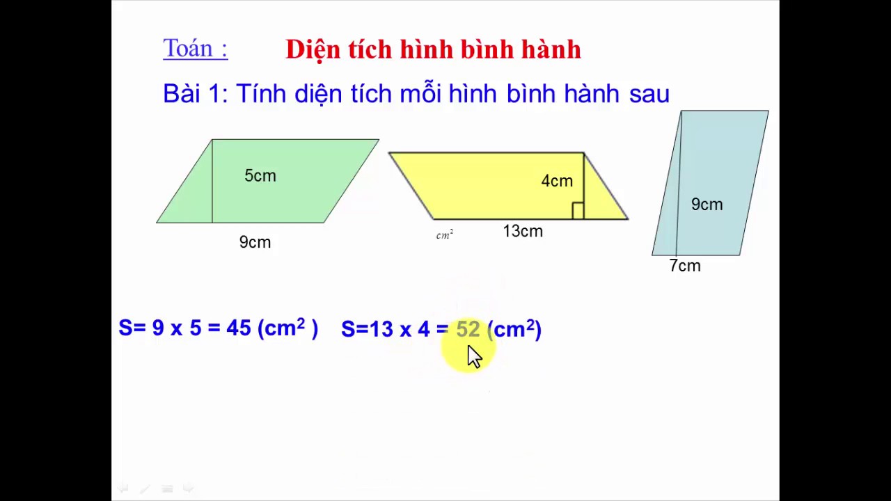 Tính diện tích hình bình hành lớp 4